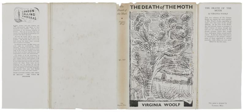 Image of dust Jacket for The Death of the Moth and Other Essays featuring a black and white illustration by Vanessa Bell