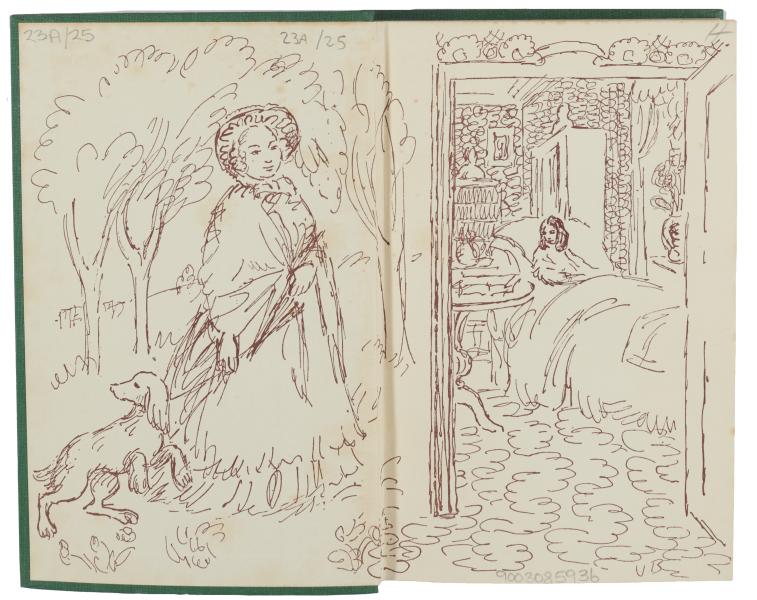 Inside cover of uniform edition of 'Flush a Biography' featuring a Vanessa Bell line drawing containing a scene showing people and a dog
