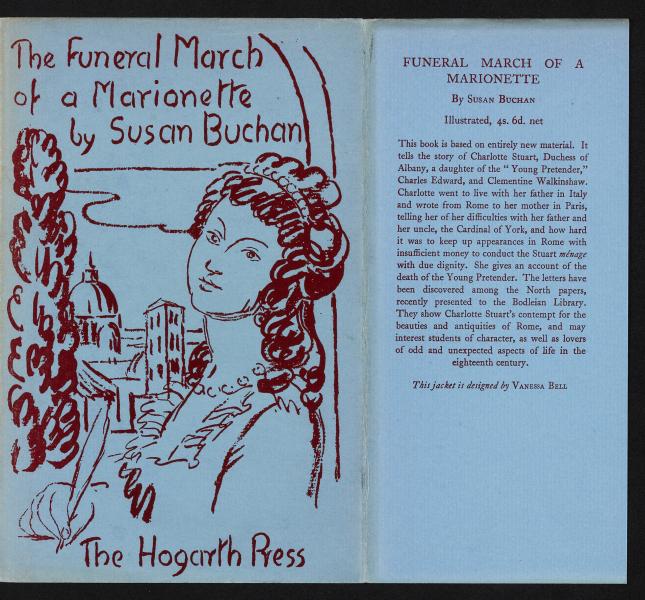 Image of dust jacket cover of The Funeral March of a Marionette featuring a monochromatic illustration by Vanessa Bell on a blue book cover