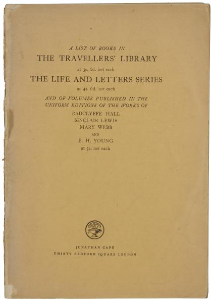 Image of front cover of Jonathan Cape's A List of Books in The Travellers' Library, The Life and Letters Series (c1930s)
