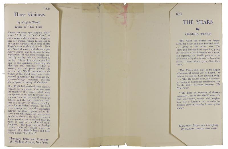 Inside of cream dustjacket with blue print.