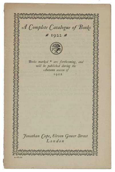 Image of front cover of Jonathan Cape A Complete Catalogue of Books,1922 (for illustrative purposes) 