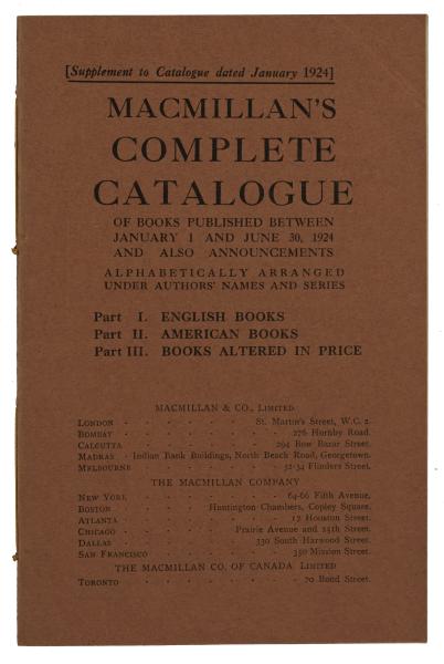 Image of front cover of Macmillan & Co supplemental catalogue: January-June,1924 (one image)