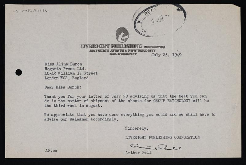 Image of typescript Letter from Liveright Publishing Corporation to Aline Burch (25/07/1949) page 1 of 1
