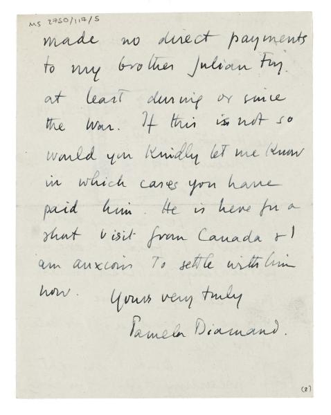 Image of a Letter from Pamela Diamand to The Hogarth Press (23/07/1949) 