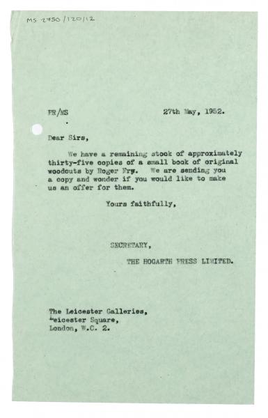 Image of typescript letter from The Hogarth Press to the Leicester Galleries (27/05/1952) page 1 of 1