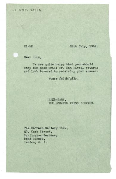 Image of typescript letter from The Hogarth Press to The Redfern Gallery (28/07/1952) page 1 of 1