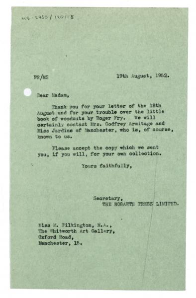 Image of typescript letter from The Hogarth Press to the Whitworth Art Gallery (19/08/1952) page 1 of 1