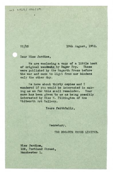 Image of typescript letter from The Hogarth Press to Miss G. Jardine (20/08/1952)  page 1 of 1