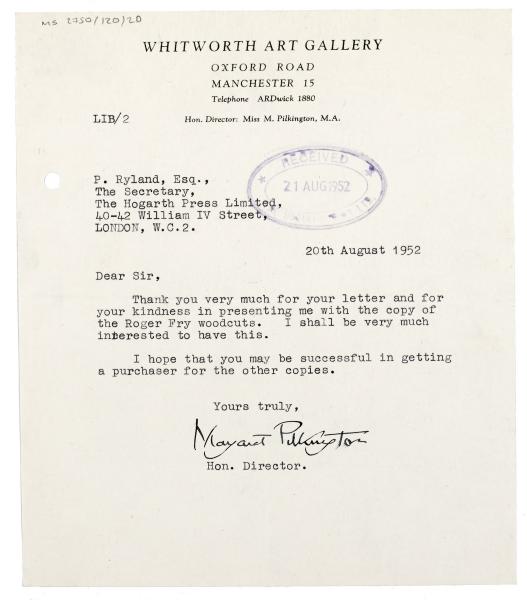 etImage of typescript letter from The Whitworth Art Gallery to The Hogarth Press (20/08/1952) page 1 of 1 