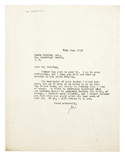 Image of typescript letter from Leonard Woolf to Louis Golding (20/06/1932) page 1 of 1