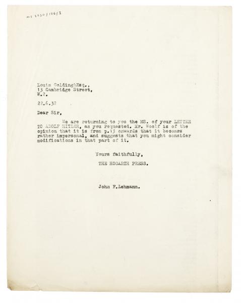 Image of typescript letter from John Lehmann to Louis Golding (22/06/1932) page 1 of 1