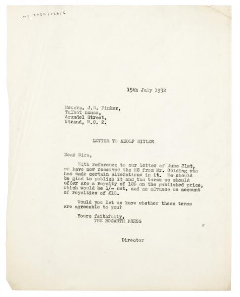 Image of typescript letter from Leonard Woolf to J. B. Pinker & Son (15/07/1932) page 1 of 1
