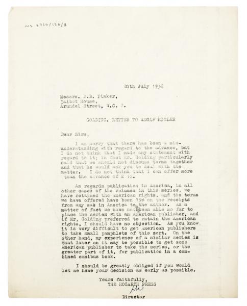 Image of typescript letter from Leonard Woolf to James B. Pinker & Son (20/07/1932) page 1 of 1