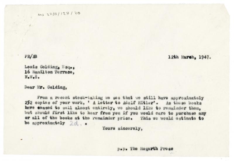 Image of typescript letter from Piers Raymond to Louis Golding (12/03/1947) page 1 of 1