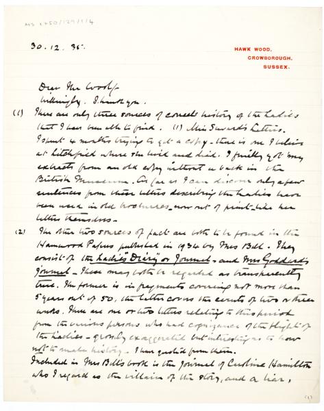Image of handwritten letter from Mary Gordon to Leonard Woolf (30/12/1935) page 1 of 4