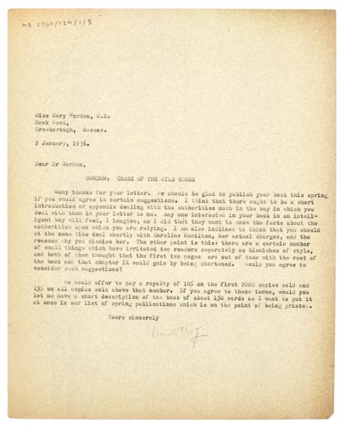 Image of typescript letter from Leonard Woolf to Mary Gordon (02/01/1936) page 1 of 1
