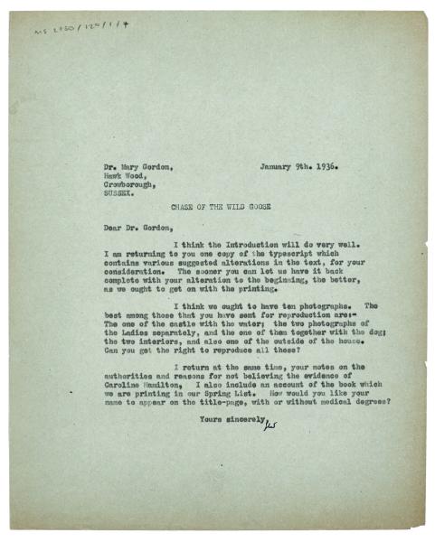 Image of typescript letter from Leonard Woolf to Mary Gordon (09/01/1936) page 1 of 1