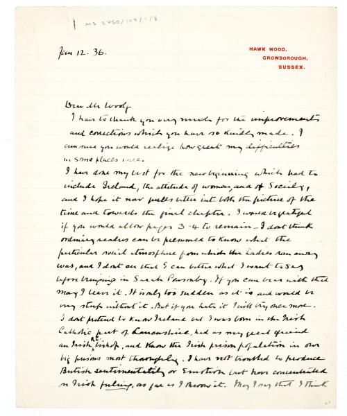 Image of handwritten letter from Mary Gordon to Leonard Woolf (12/01/1936) page 1 of 3
