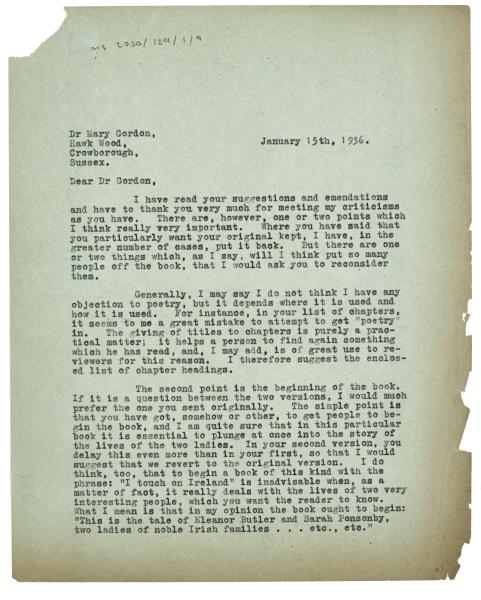 Image of typescript letter from Leonard Woolf to Mary Gordon (15/01/1936) page 1 of 2