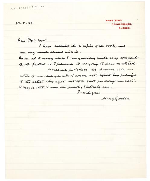 Image of handwritten letter from Mary Gordon to Margaret West (22/05/1936) page 1 of 1 