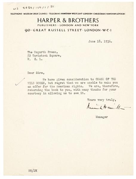 Image of letter from Harper & Brothers to The Hogarth Press (18/06/1936) page 1 of 1