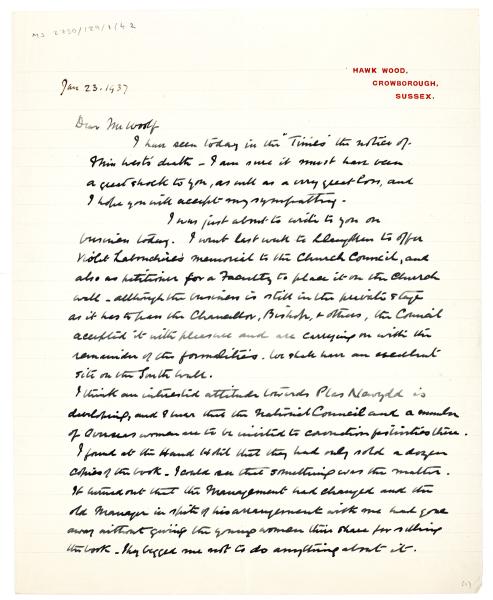 Image of handwritten letter from Mary Gordon to Leonard Woolf (23/01/1937) page 1 of 2