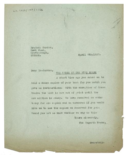 Image of typescript letter from The Hogarth Press to Mary Gordon (09/04/1937) page 1 of 1