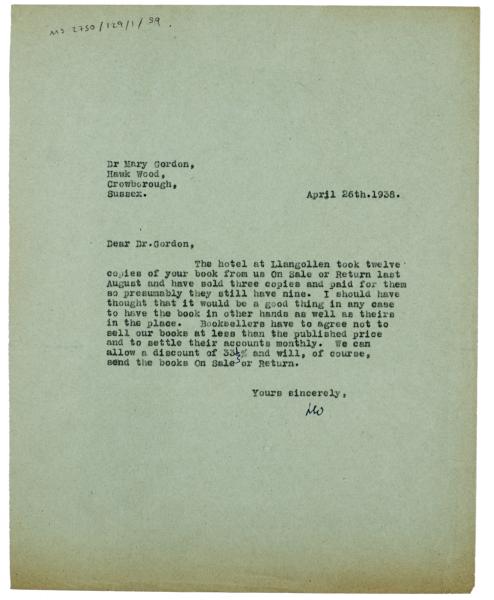 Image of typescript letter from Leonard Woolf to Mary Gordon (26/04/1937) page 1 of 1