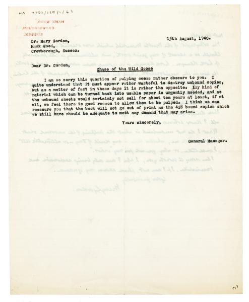 Image of typescript reply to Mary Gordon's letter (12/08/1940) 