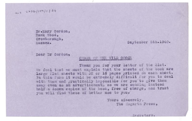 Image of typescript letter from The Hogarth Press to Mary Gordon (05/09/1940) page 1 of 1