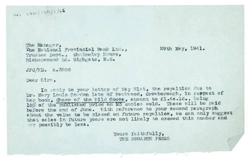 etter from Image of typescript letter from The Hogarth Press to National Provincial Bank Limited (29/05/1941) page 1 of 1