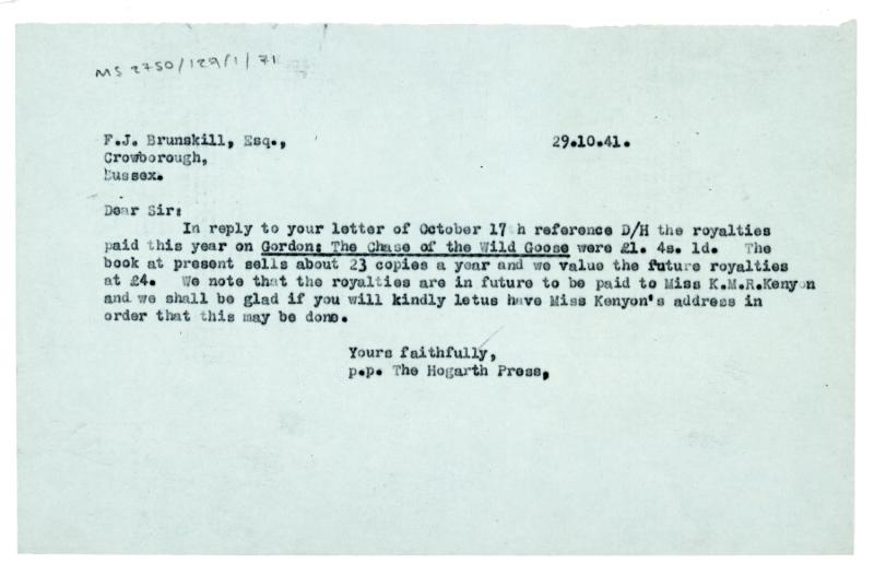 Image of typescript letter from The Hogarth Press to F. J. Brunskill (29/10/1941) page 1 of 1