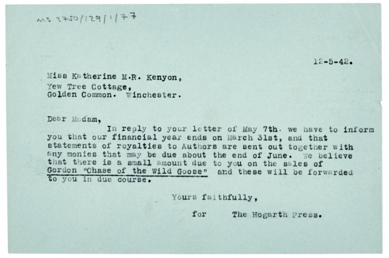 Image of typescript letter from The Hogarth Press to Katherine Mary Rose Kenyon (12/05/1942) page 1 of 1
