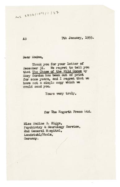 Image of typescript letter from The Hogarth Press to Nadine B. Higgs (07/01/1955) page 1 of 1