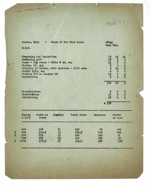 Image of typescript estimate of printing and publication costs relating to Chase of the Wild Goose (undated) page 1 of 1