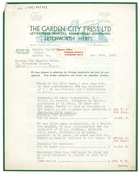 Image of typescript letter from The Garden City Press to The Hogarth Press (28/01/1936) page 1 of 4
