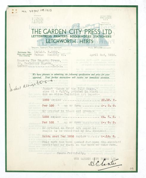 Image of typescript letter from The Garden City Press to The Hogarth Press (02/04/1936)  page 1 of 2