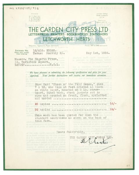 Image of typescript letter from The Garden City Press to The Hogarth Press (01/05/1936) page 1 of 2