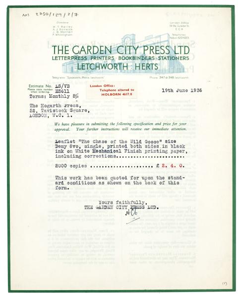 Image of typescript letter from The Garden City Press to The Hogarth Press (19/06/1936) page 1 of 2