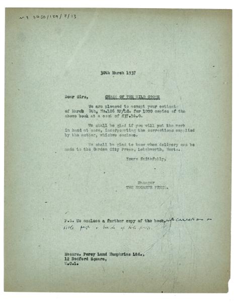 Image of typescript letter from The Hogarth Press to Percy Lund Humphries Ltd (30/03/1937) page 1 of 1