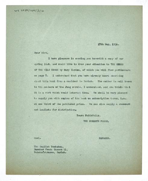 Image of typescript letter from The Hogarth Press to The English Bookshop (27/05/1936) page 1 of 1