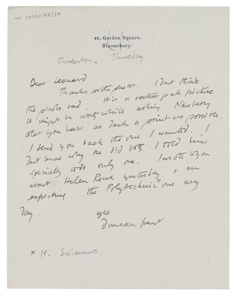 Image of handwritten letter from Duncan Grant to Leonard Woolf  (1923) [2] page 1 of 1