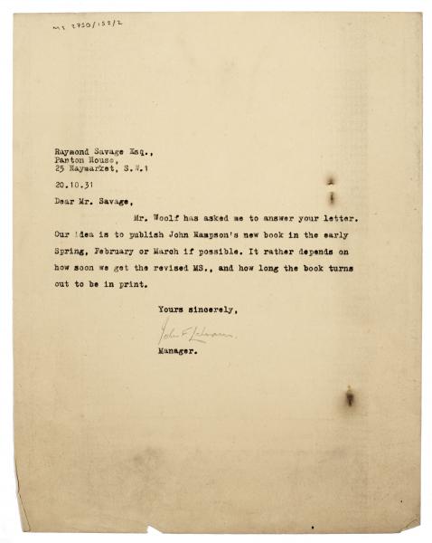 Image of typescript letter from John Lehmann to Raymond Savage (20/10/1931) page 1 of 1