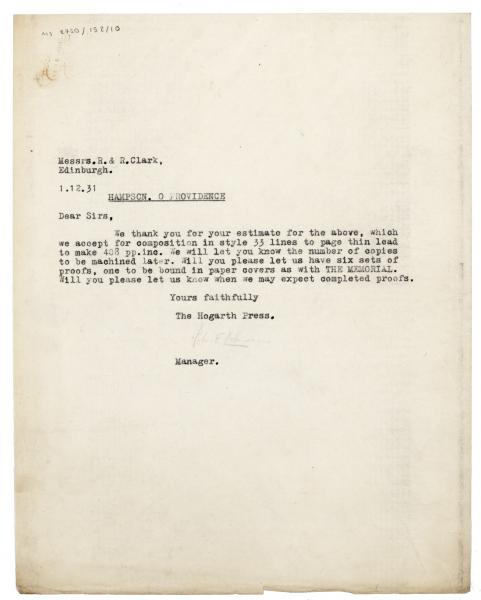 Image of typescript letter from John Lehmann to R. & R. Clark (01/12/1931) page 1 of 1