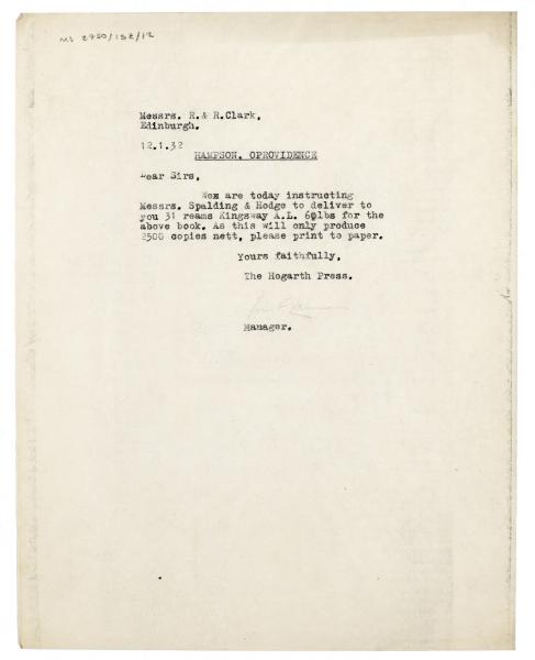 Image of typescript letter from John Lehmann to R. & R. Clark (01/12/1932) page 1 of 1