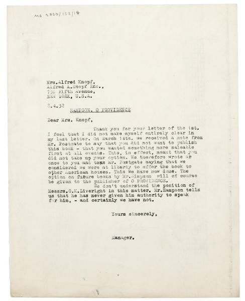 Image of typescript letter from John Lehmann to Blanche Knopf (08/04/1932) page 1 of 1