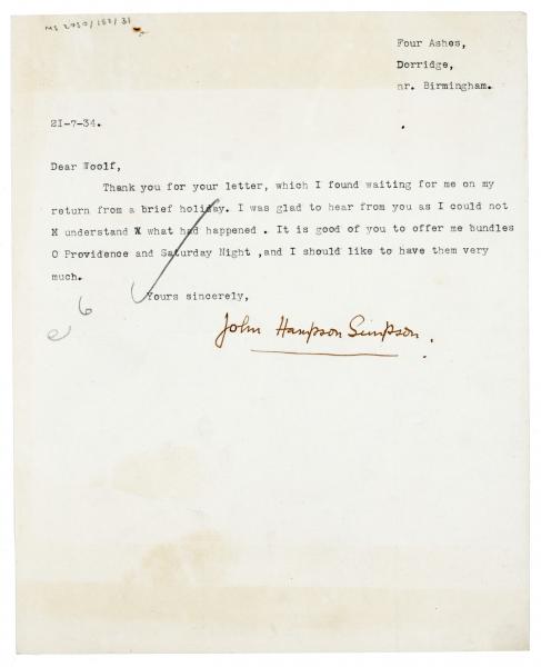 Image of typescript letter from John Hampson Simpson to Leonard Woolf (21/07/1934) page 1 of 1
