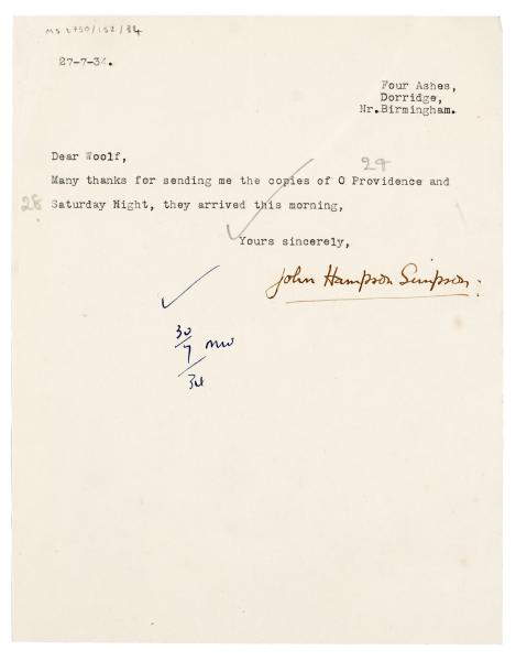 Image of typescript letter from John Hampson Simpson to Leonard Woolf (27/07/1934) Page 1 of 1