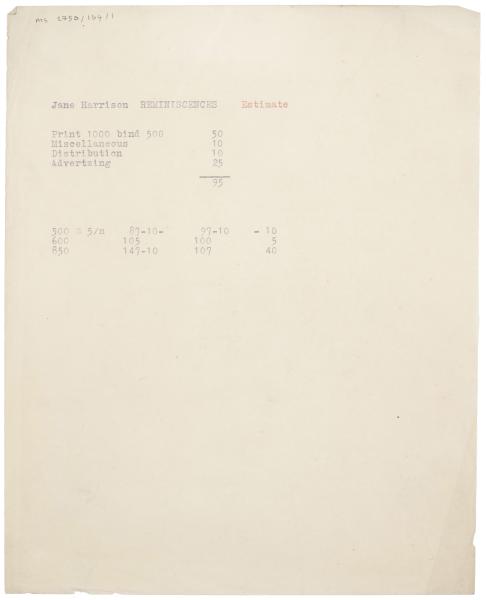 Image of typescript printing and binding estimate relating to Reminiscences of a Student’s Life page 1 of 1